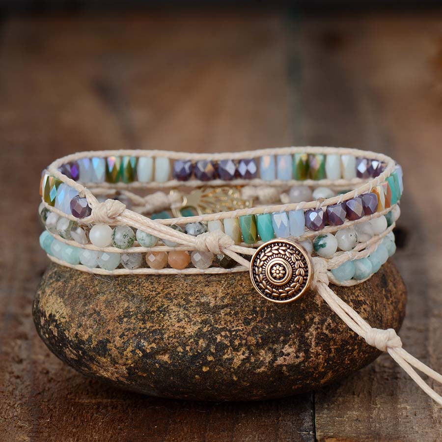 Natural Amazonite, Pyrite, Sunstone & Agate Tree of Life Wrap Bracelet