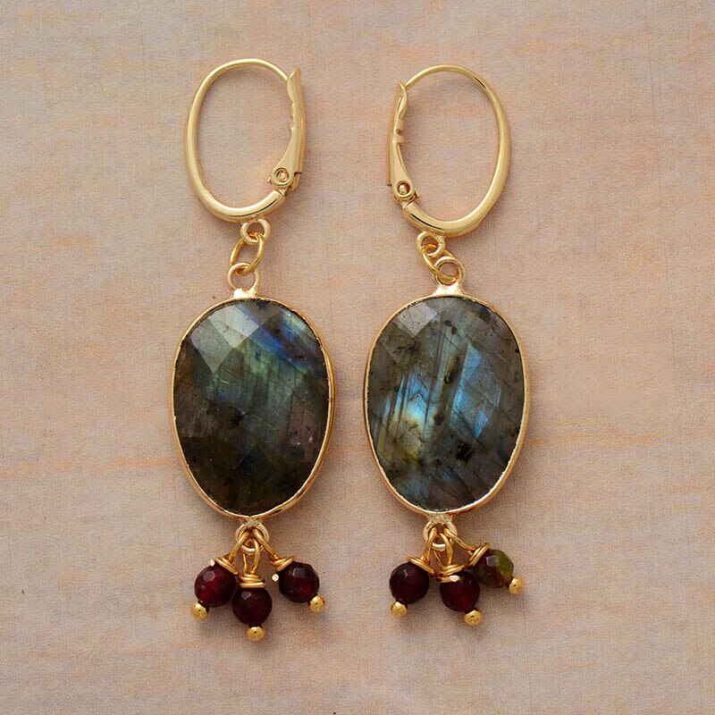 Natural Labradorite & Rhinestones Earrings