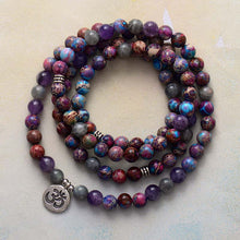 Load image into Gallery viewer, Natural Jasper, Amethyst &amp; Labradorite 108 Mala Beads Om Necklace
