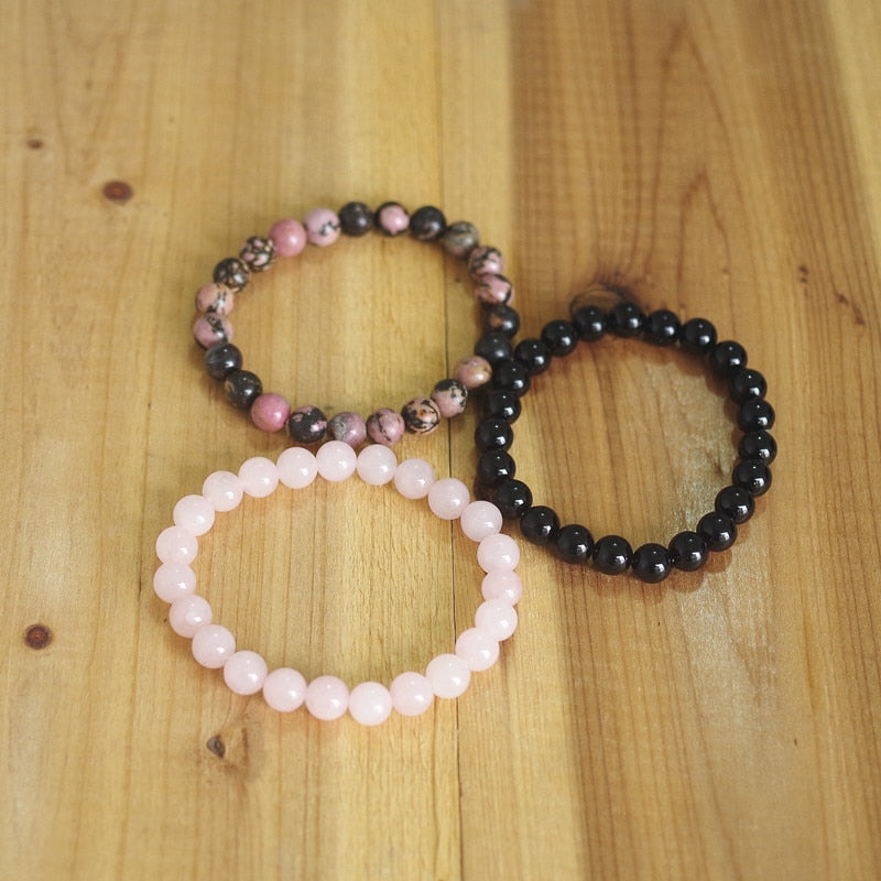 Natural Rhodonite, Rose Quartzs & Black Onyx Beaded Bracelet Set