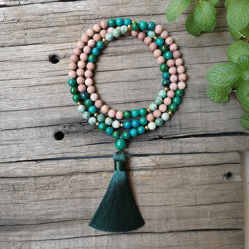 Rare Natural Sandstone, Chrysocolla & Jade 108 Beads Mala Necklace / Bracelet