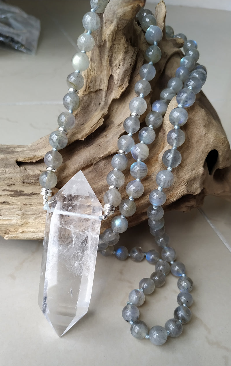 Natural Clear Quartz Double Point Pendant & Labradorite Stone Beads Necklace