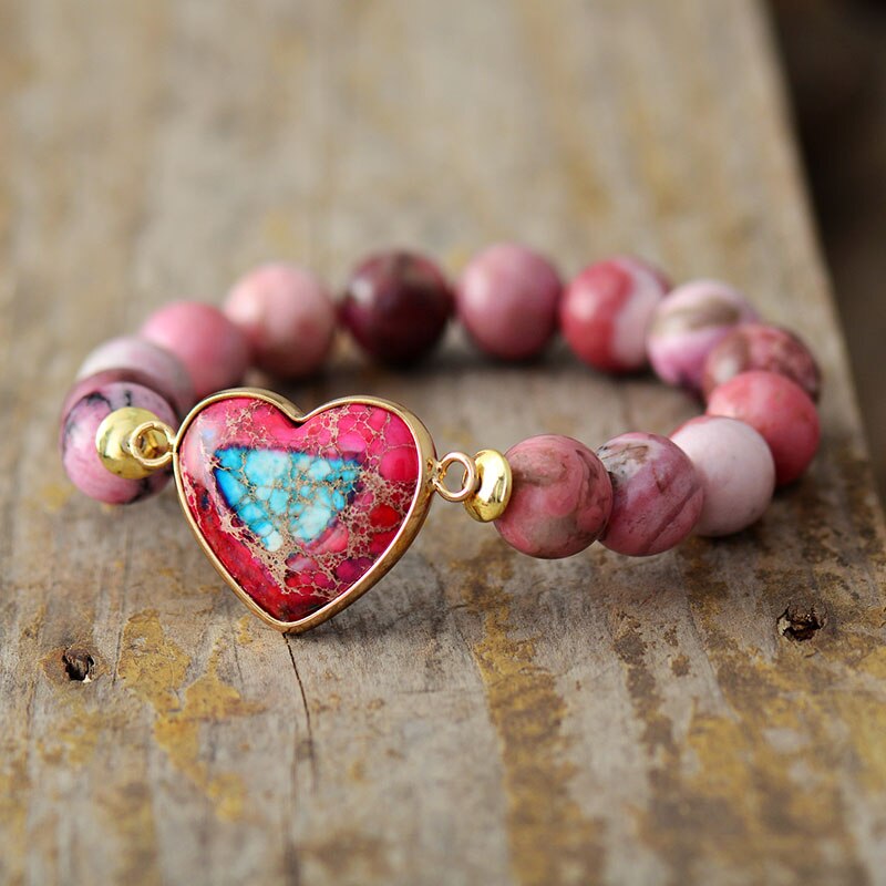 Natural Rhodonite & Purple Jasper Heart Beaded Bracelet