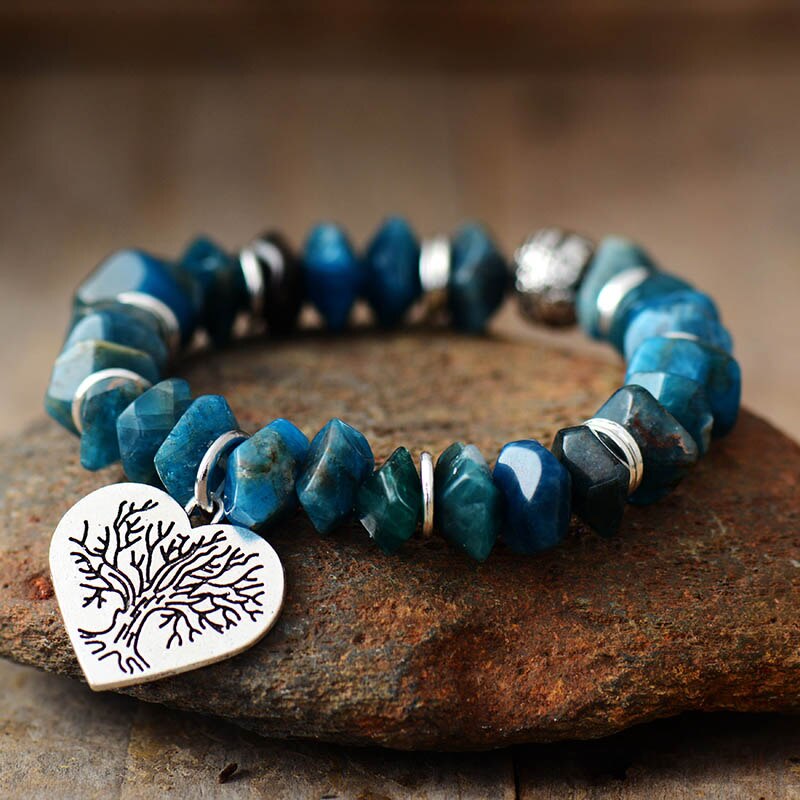 Natural Apatite Beads with Tree of Life Charm Bracelet