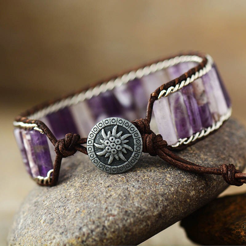 Natural Dream Amethyst & Weaving Chain Leather Wrap Bracelet