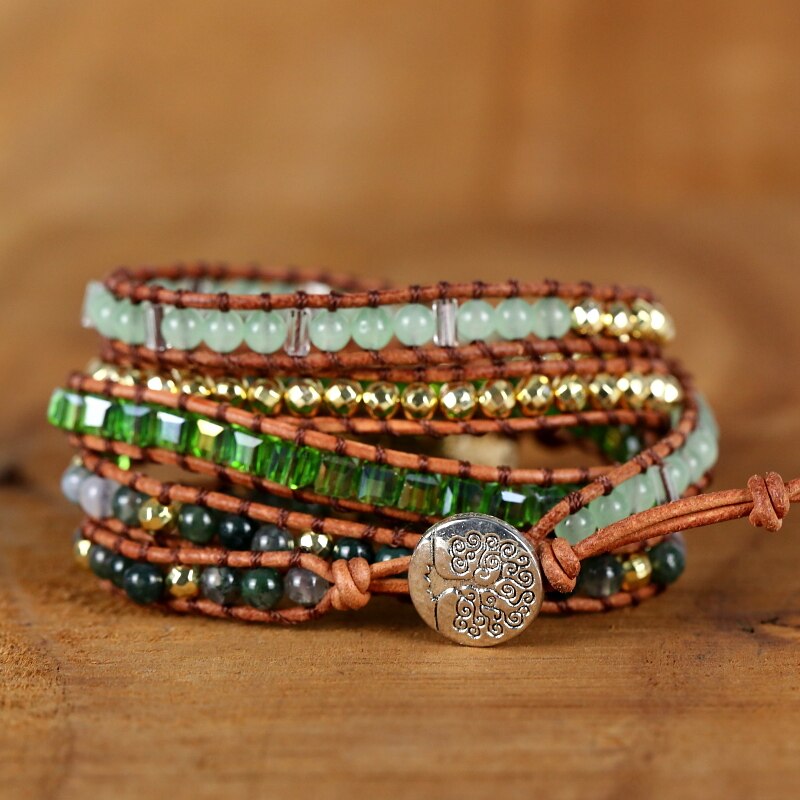 Natural Green Quartz, Aventurine & Agate Leather Wrap Bracelet