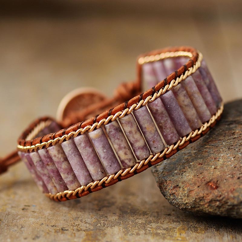 Natural Pink Jasper & Weaving Chain Leather Wrap Bracelet