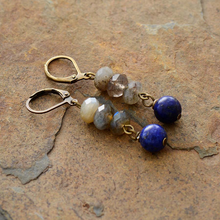 Natural Labradorite & Lapis Lazuli Dangle Earrings