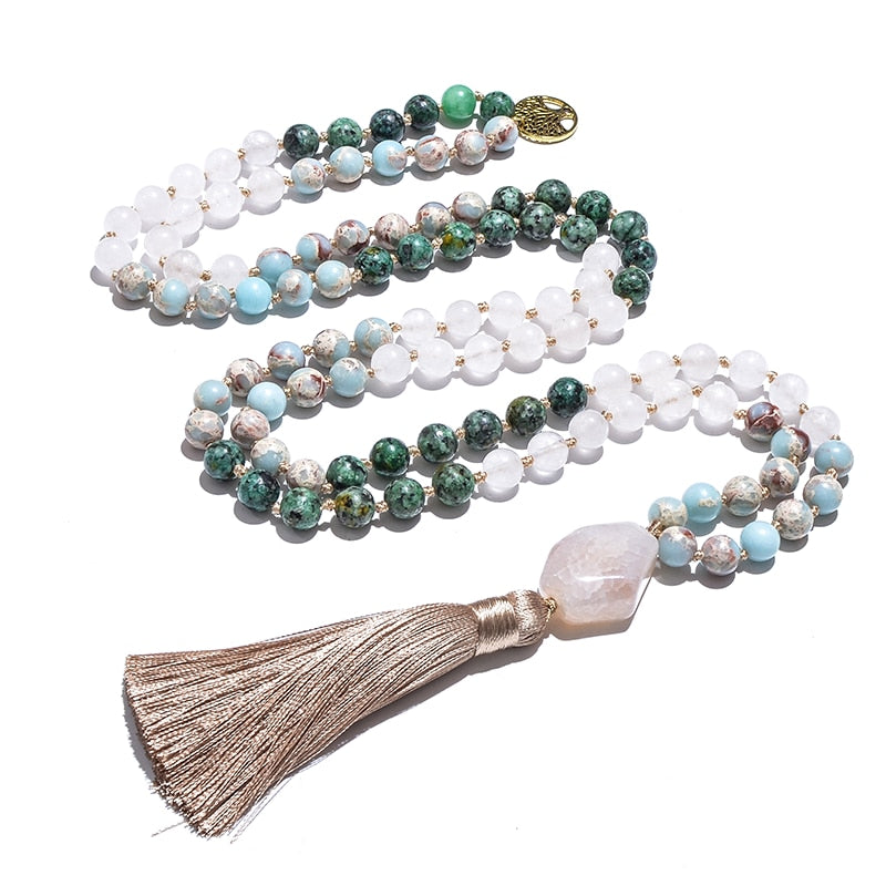 108 White Jade, African Turquoise and Emperor Jasper Beads Mala Necklace / Bracelet