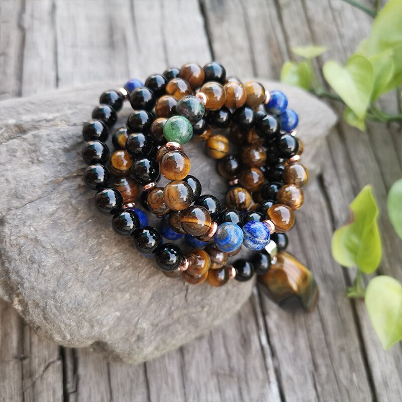 Natural Lapis Lazuli, Tiger Eye, Onyx & Zoisite 108 Beads Mala Necklace