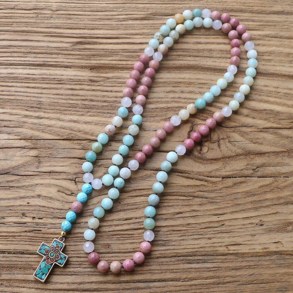 Natural Amazonite, Clear Quartz, Rhodonite & Turquoise Cross Necklace