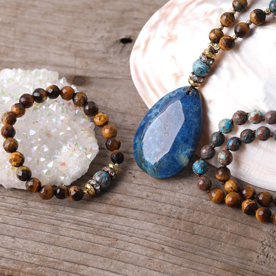Natural Tiger Eye, Ocean Jasper Beaded Necklace with Fossil Flower Agate