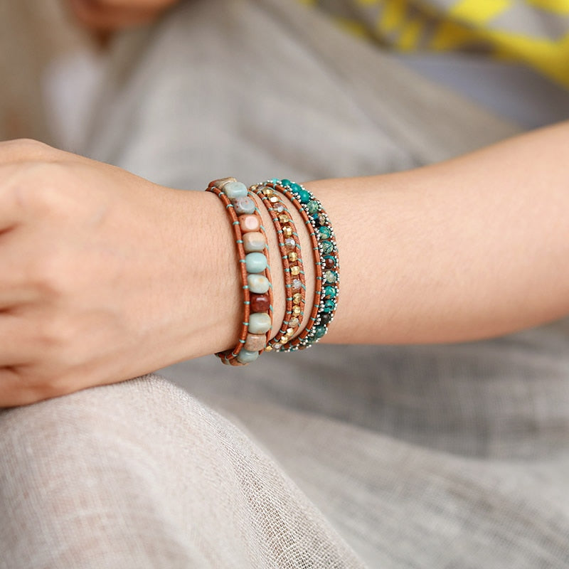 Natural Imperial & Ocean Jasper Leather Wrap Bracelet