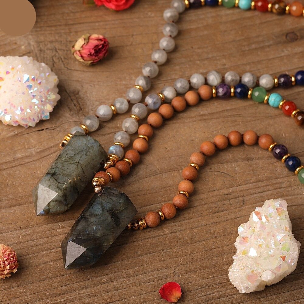 Natural Labradorite & 7 Chakras Stones Wand Necklace