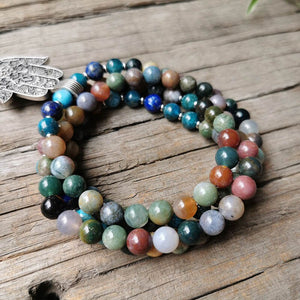108 Natural Indian Agate, Apatite & Lapis Lazuli Mala Beads with Sun&Moon Pendant