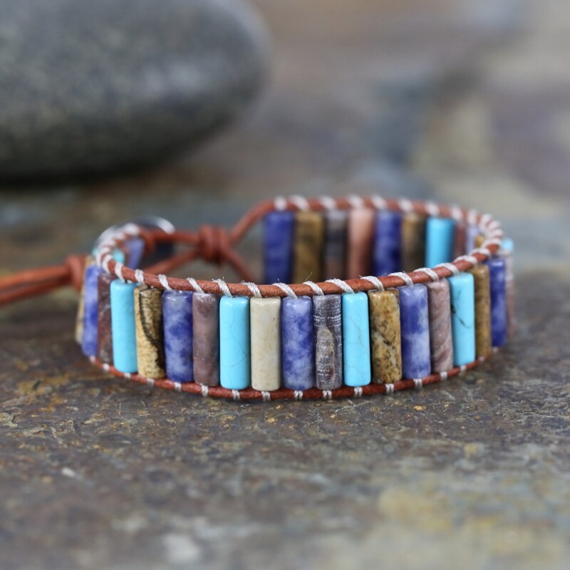 Natural Sodalite, Jasper, Turquoise & Agate Leather Wrap Bracelet