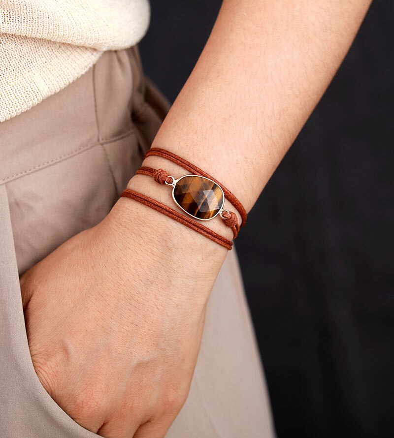 Natural Tiger Eye Leather Wrap Bracelet