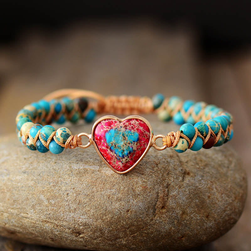 Natural Jasper Stones Braided Heart Bracelet