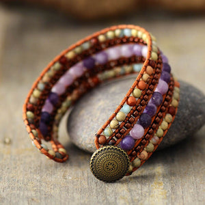 Natural Jasper & Amethyst Beads Cuff Leather Bracelet