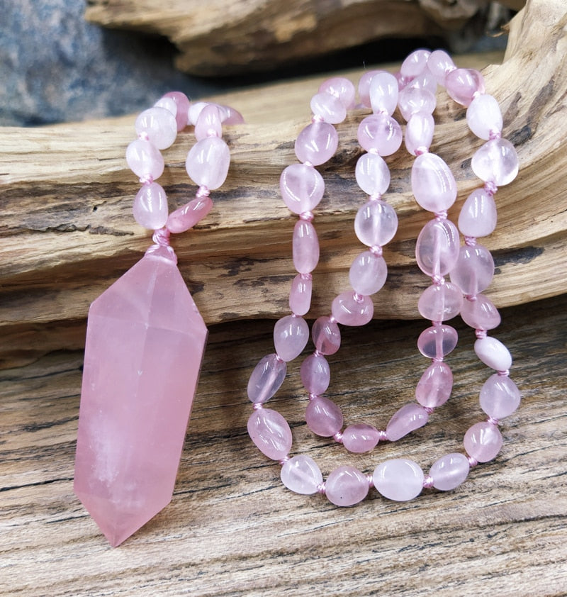 Natural Rose Quartz Prism Pendant Necklace