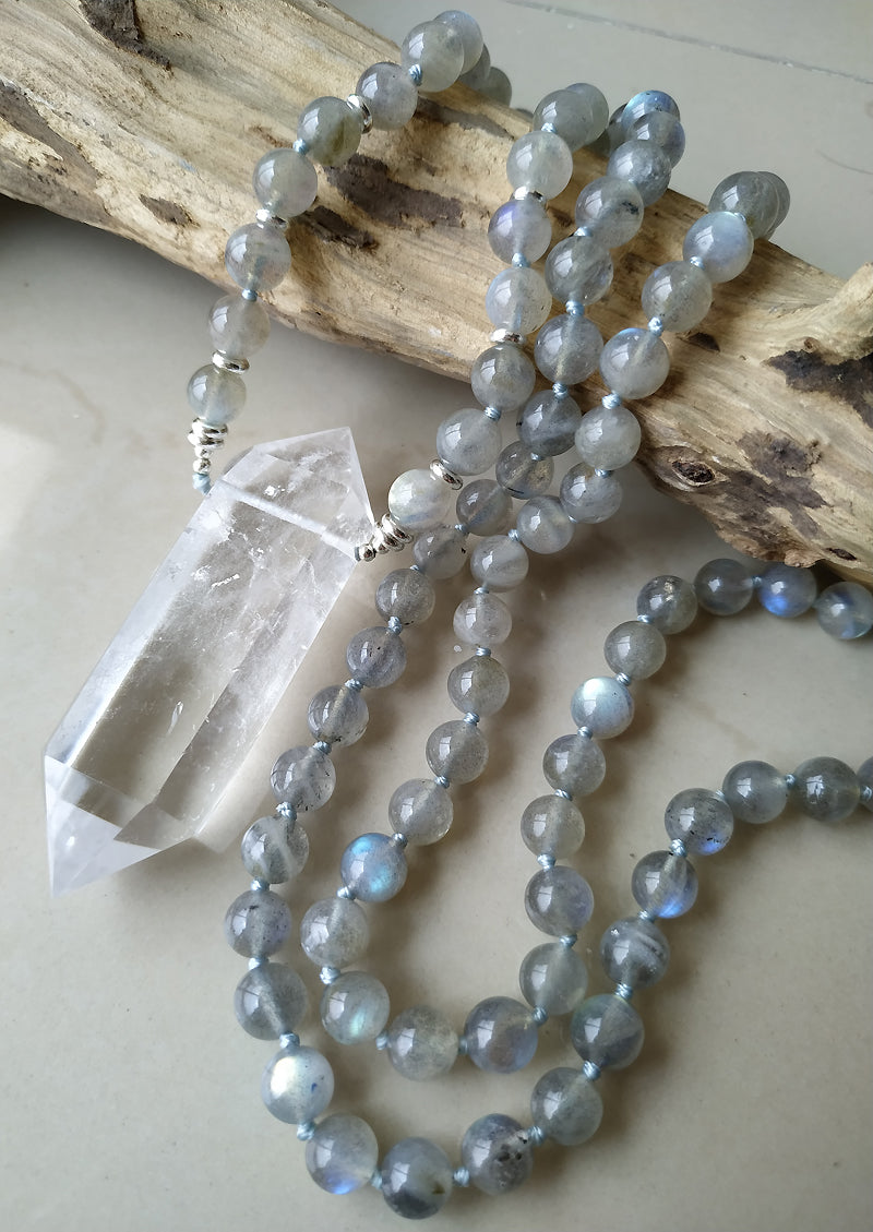 Natural Clear Quartz Double Point Pendant & Labradorite Stone Beads Necklace