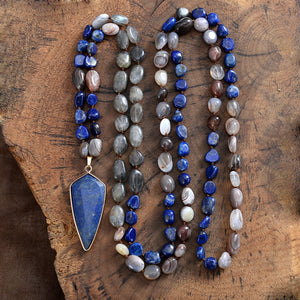 Natural Labradorite, Persian Agate & Lapis Lazuli Shield Pendant Necklace