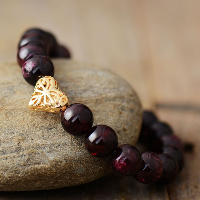 Natural Red Garnet Beaded Bracelet with Heart Charm