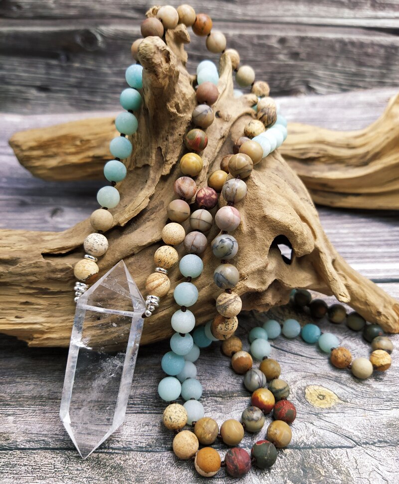 Natural Jasper, Amazonite & Clear Quartz Wand Necklace