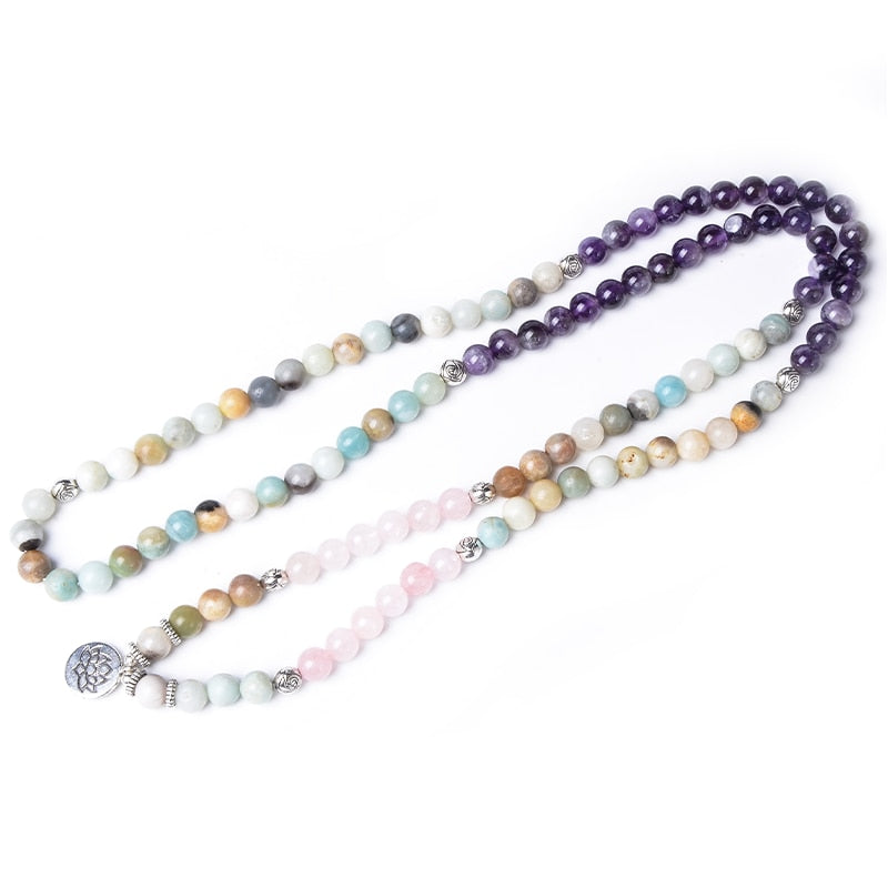 Natural Amethyst, Rose Quartz & Amazonite 108 Mala Beads Necklace / Bracelet