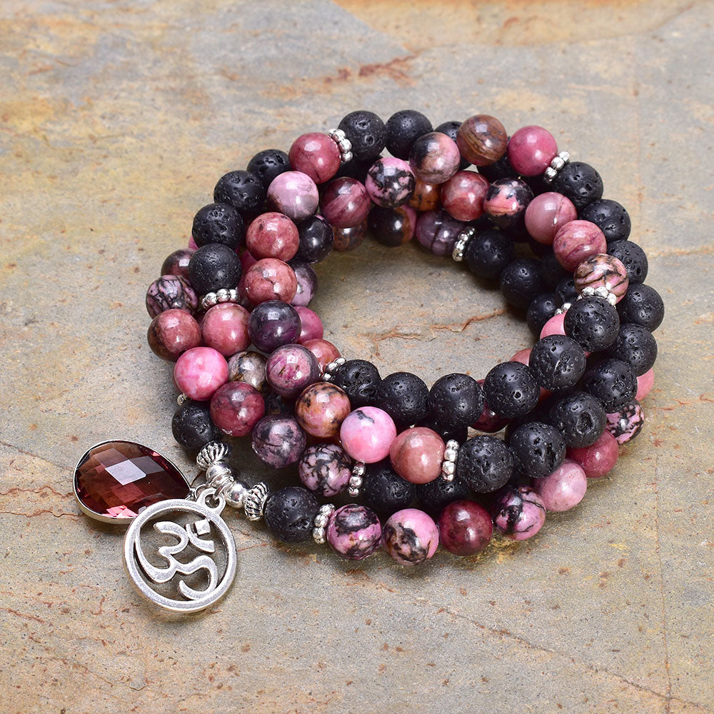 108 Natural Lava Stone, Rhodonite Mala Beads & Om Charm Necklace / Bracelet