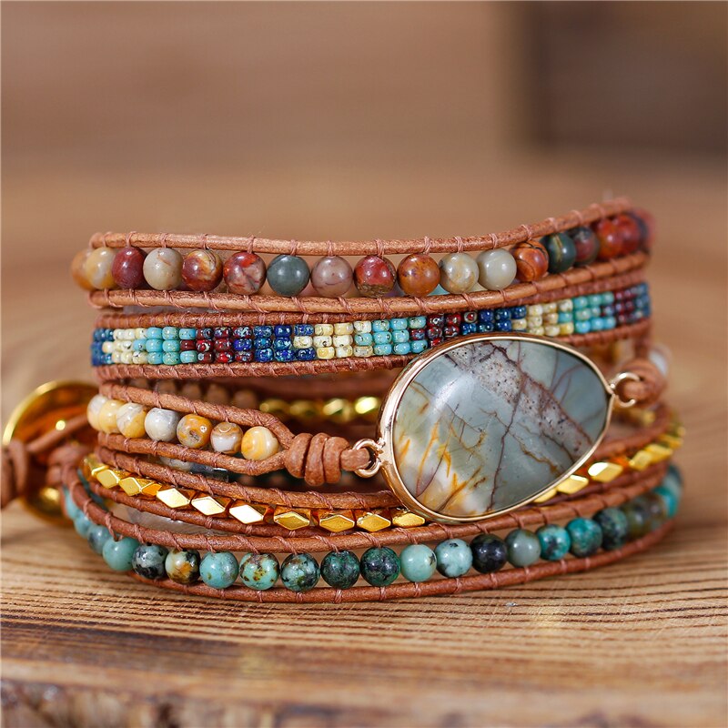 Natural Jasper, African Turquoise & Agate Leather Wrap Bracelet