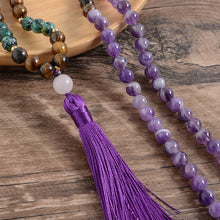 Load image into Gallery viewer, 108 Natural Tiger Eye, Amethyst &amp; African Turquoise Mala Beads Necklace
