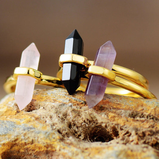 Natural Hexagonal Amethyst / Rose Quartz / Black Onyx Ring