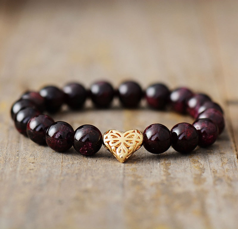 Natural Red Garnet Beaded Bracelet with Heart Charm