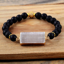 Load image into Gallery viewer, Natural Lava Stone &amp; White Selenite Charm Beaded Bracelet
