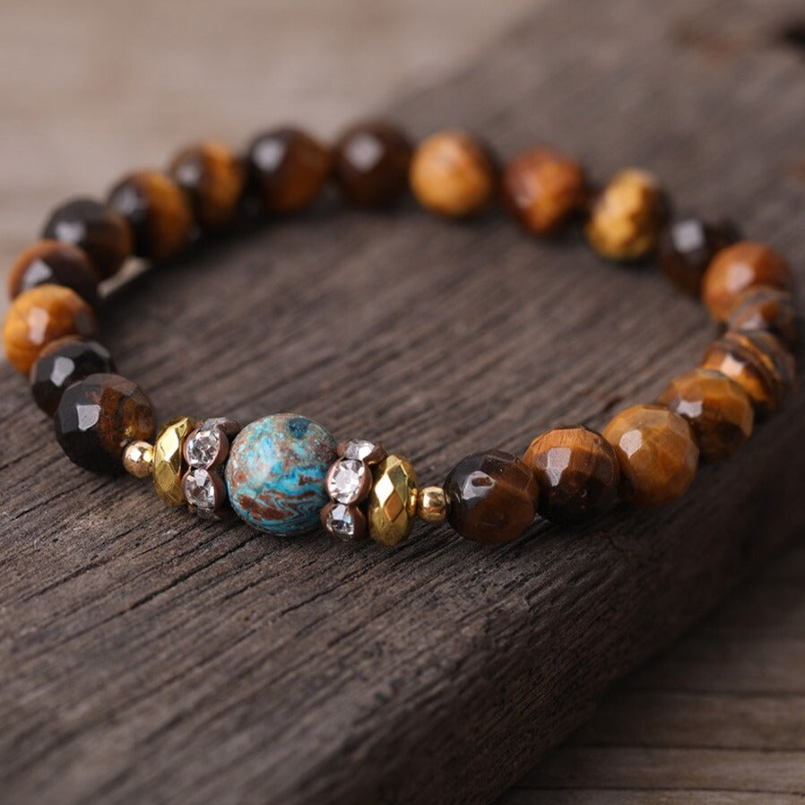 Natural Tiger Eye, Ocean Jasper Beaded Necklace with Fossil Flower Agate