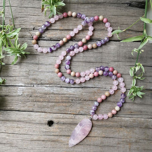 Natural Rhodonite, Amethyst & Rose Quartz 108 Beads Mala Necklace / Bracelet
