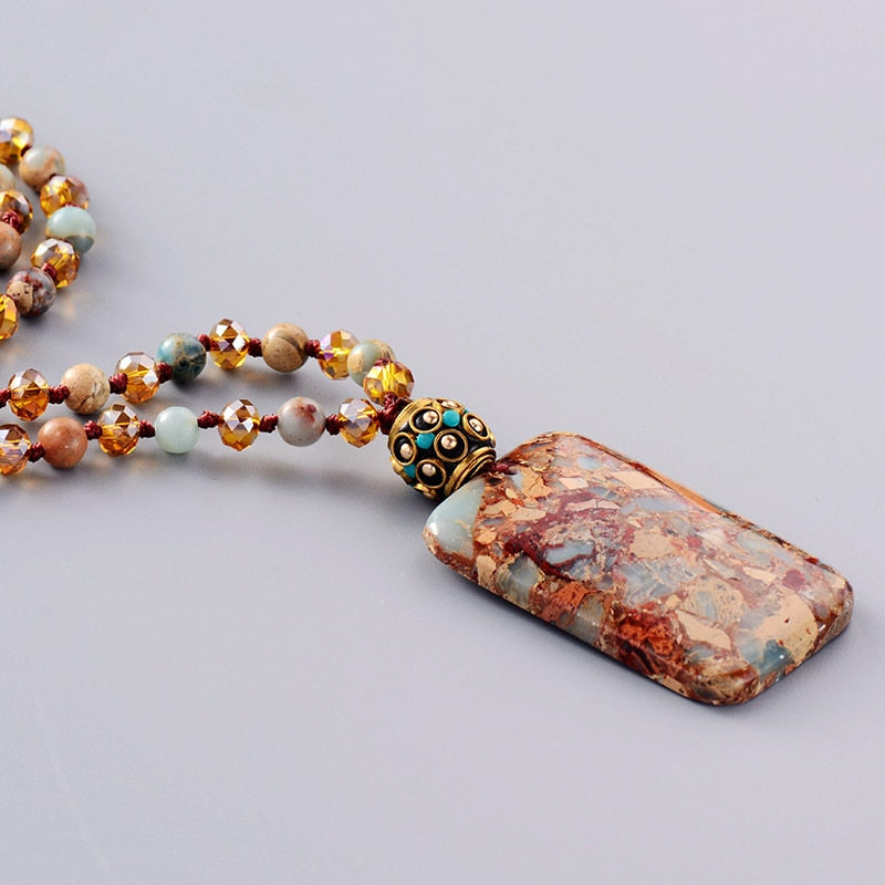 Natural Imperial Jasper & Crystals Necklace with Nepalese Charm