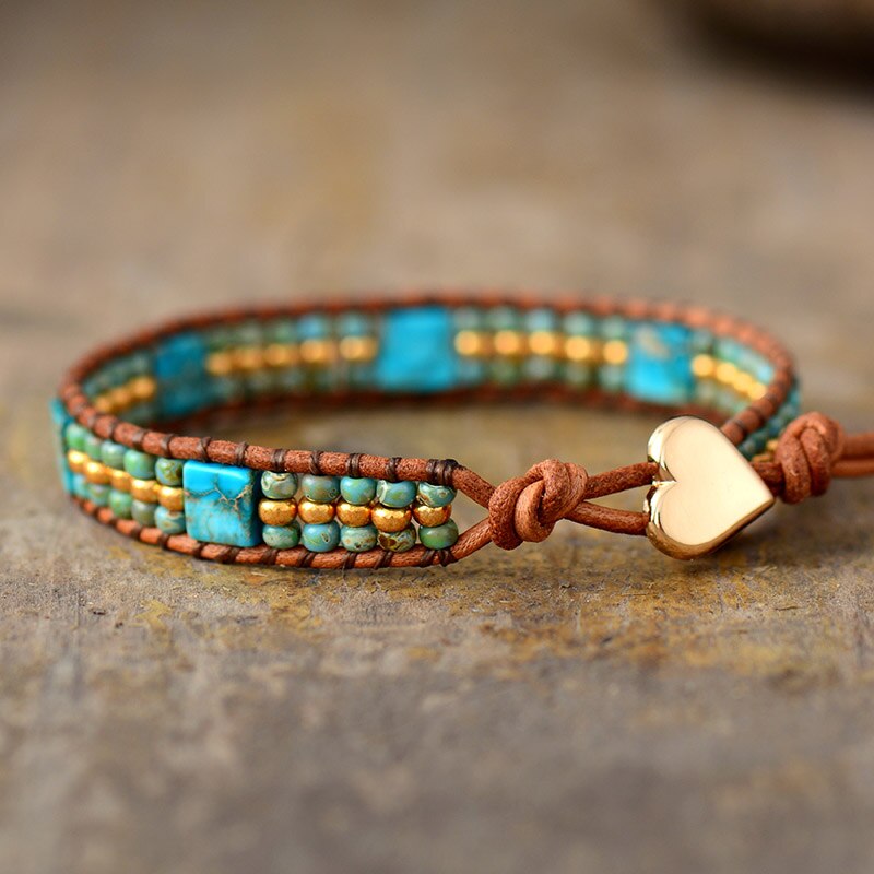 Natural Turquoise Jasper Leather Wrap Bracelet