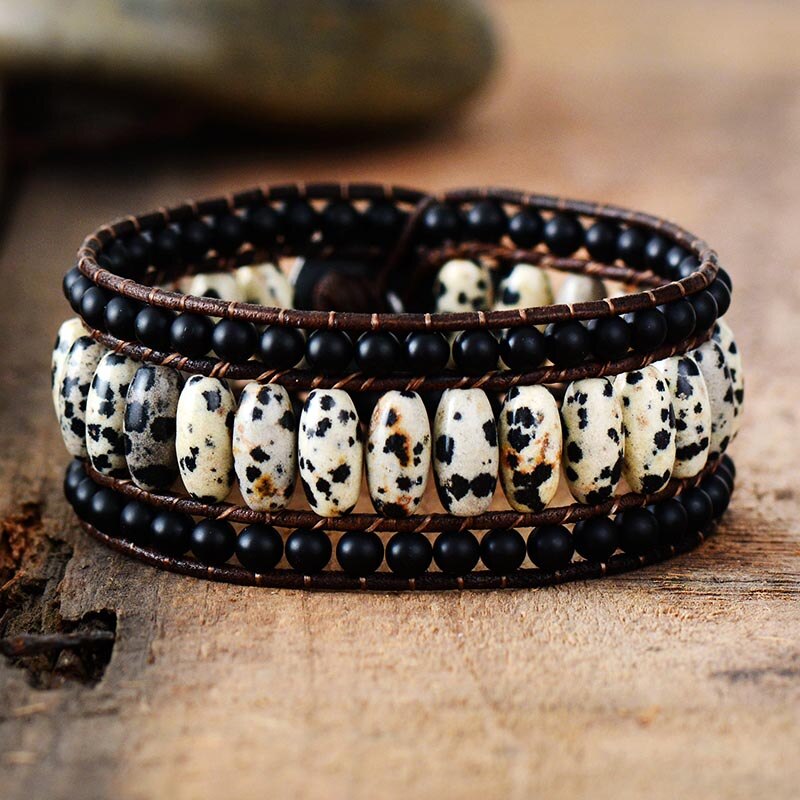 Natural Dalmatian Jasper & Black Onyx Leather Wrap Bracelet