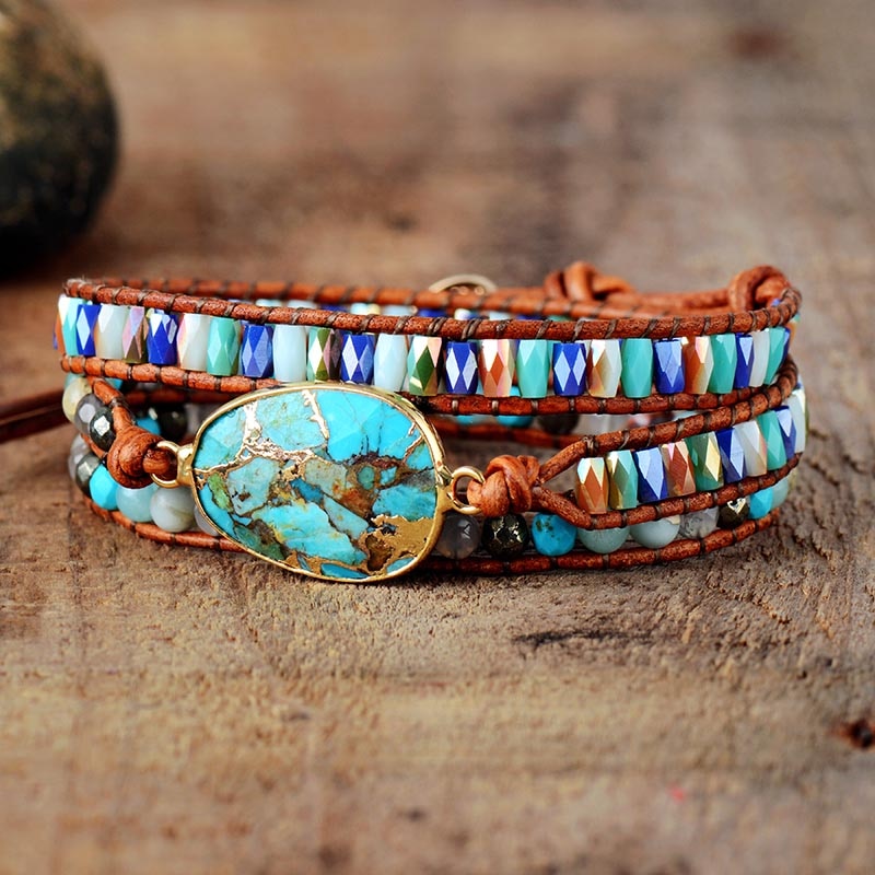 Natural Turquoise, Onyx & Crystals Leather Wrap Bracelet