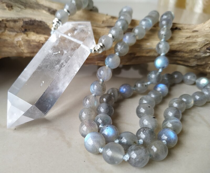 Natural Clear Quartz Double Point Pendant & Labradorite Stone Beads Necklace