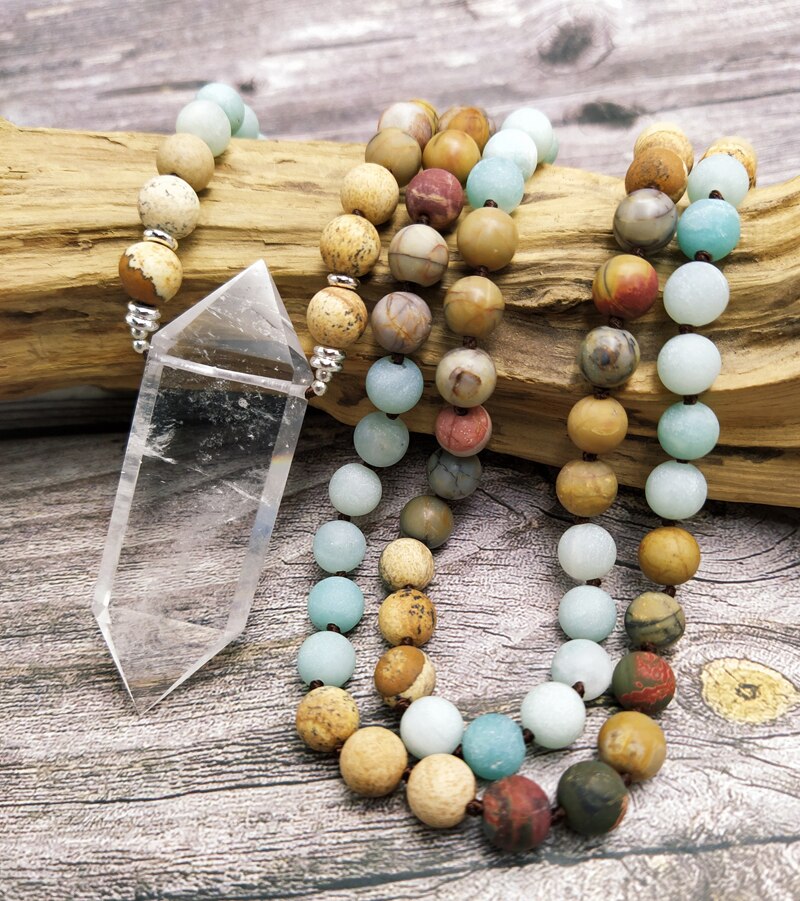 Natural Jasper, Amazonite & Clear Quartz Wand Necklace