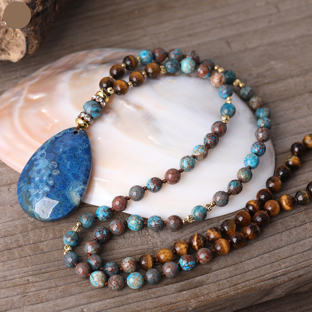Natural Tiger Eye, Ocean Jasper Beaded Necklace with Fossil Flower Agate