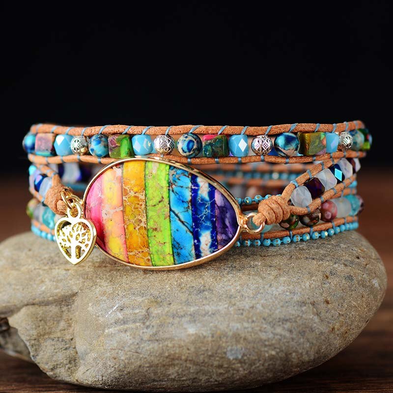 Natural 7 Chakras Jasper & Crystals Leather Wrap Bracelet