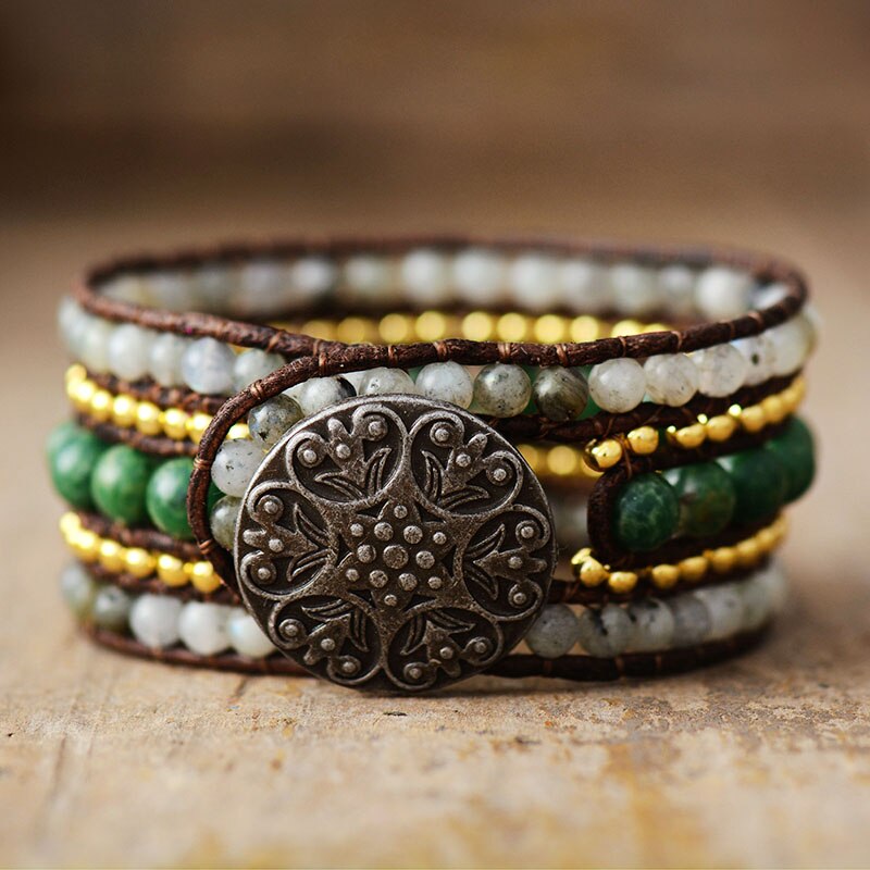 Natural Green Jasper & Labradorite Leather Wrap Bracelet