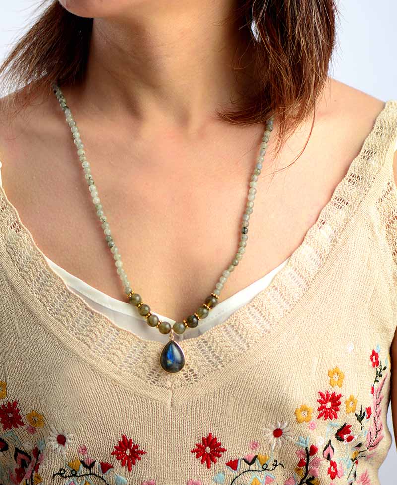Natural Labradorite Beaded Necklace / Bracelet with Blue Labradorite Charm