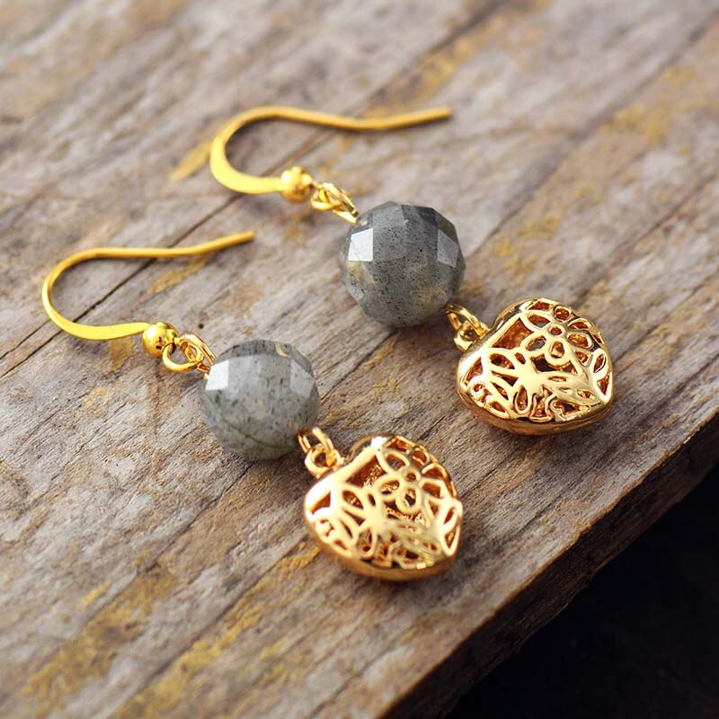 Natural Labradorite & Heart Dangle Earrings