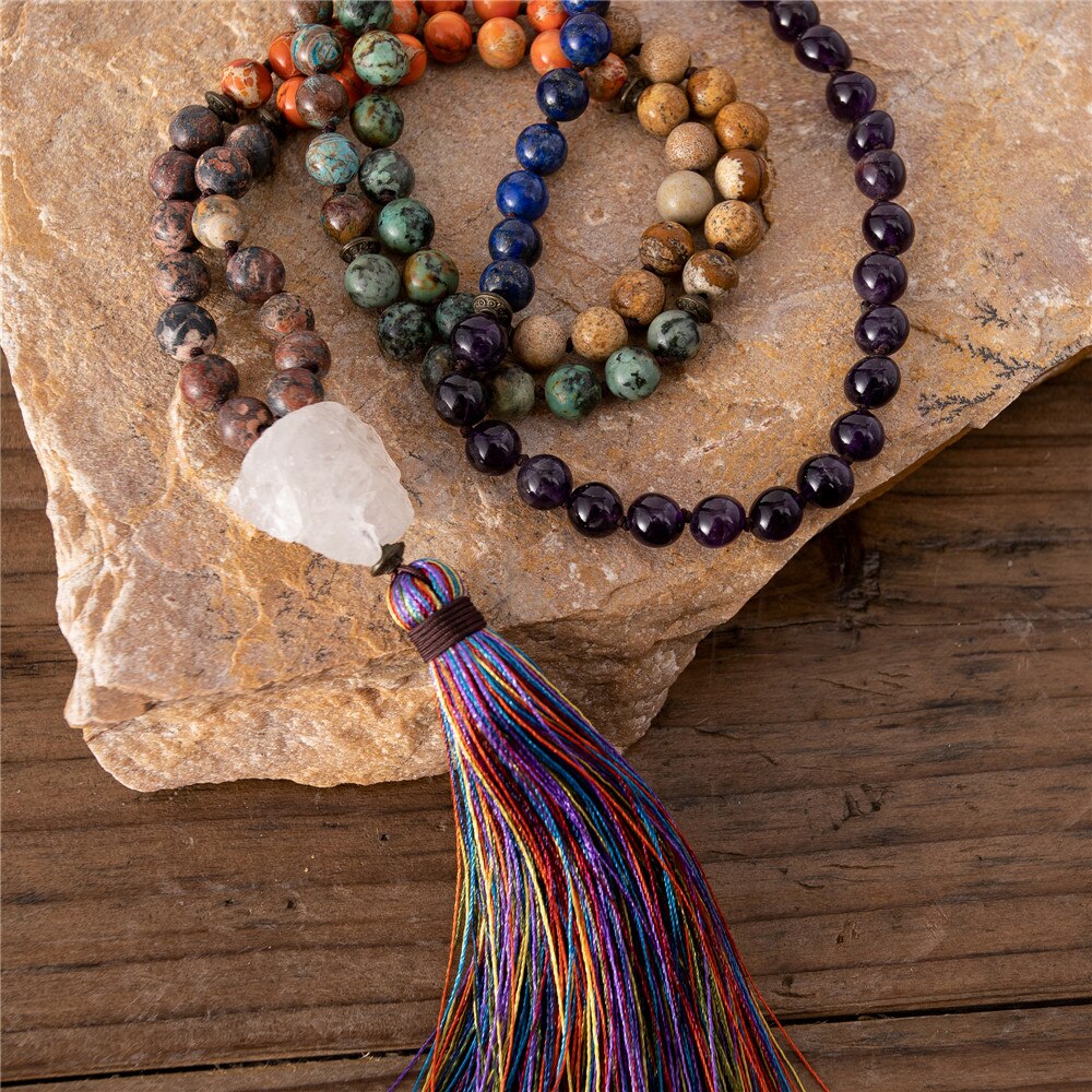 Natural Jasper, Amethyst & African Turquoise 108 Mala Beads Necklace