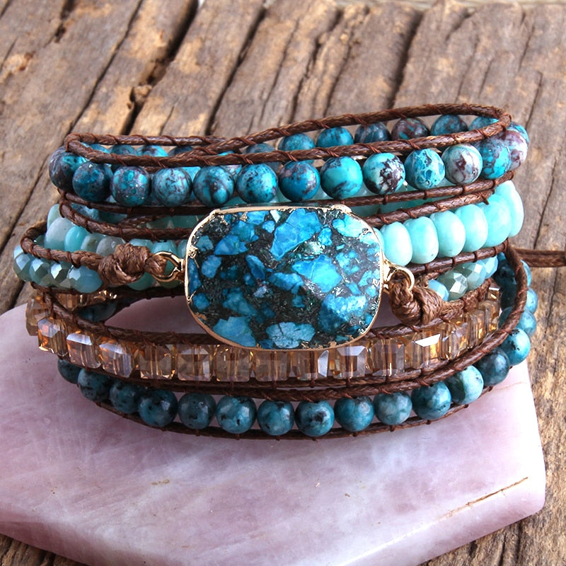 Natural Ocean Jasper & Aquamarine Wrap Bracelet